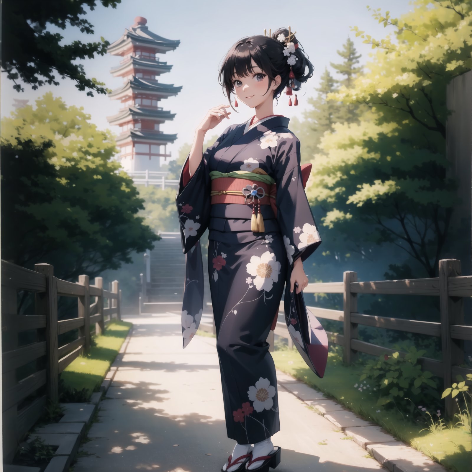 Portrait, full body shot, feet out of frame, a beautiful girl, (beautiful japanese kimono, wafuku, kyo_yuzen:1.4), solo, medium breast, neat smiling, chignon hair,shiny and black hair,standing, outdoor, at sunny Japanese garden in kyoto, perfect lighting,, BREAKsfw, (masterpiece, best quality:1.4), (ultra detailed),(absurdres), Perfect delicate (animation cel),