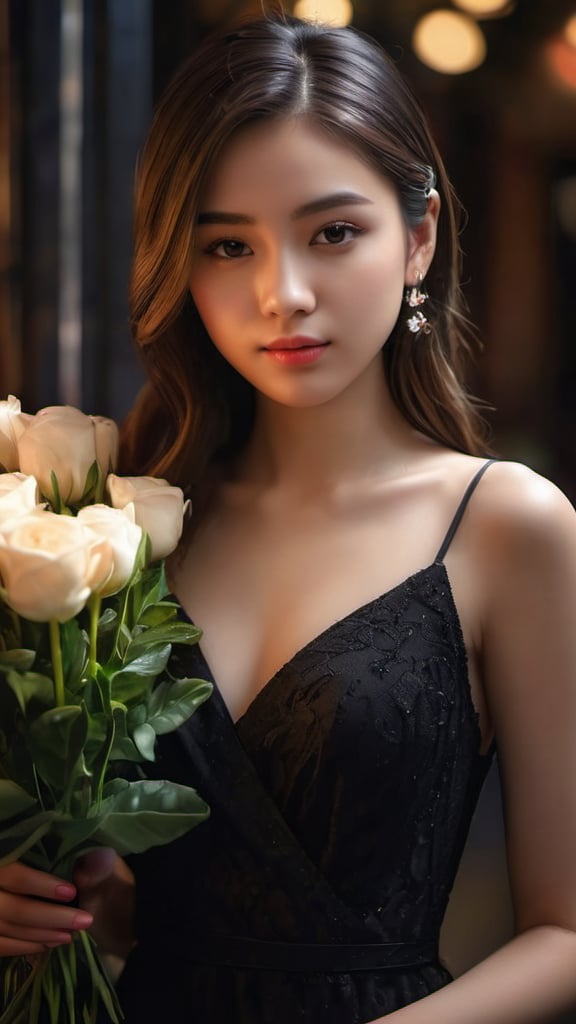 (photorealistic, masterpiece, best quality, highly detailed),1girl,8k wallpaper,extremely detailed figure, amazing beauty, detailed characters, indoor,black dress, holding flowers, light and shadow, depth of field, light spot, reflection,upper body,nigth,street, <lora:IVI2:0.7>