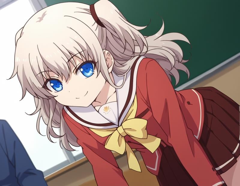 score_9, score_8_up, score_7_up, source_anime,naotomori, <lora:nao-tomori-s1-ponyxl-lora-nochekaiser:1>,nao tomori, long hair, blue eyes, two side up,school uniform, serafuku, long sleeves, red blazer, red skirt, pleated skirt, white sailor collar,indoors, classroom, bent over, smile,looking at viewer, cowboy shot, solo, dutch angle,