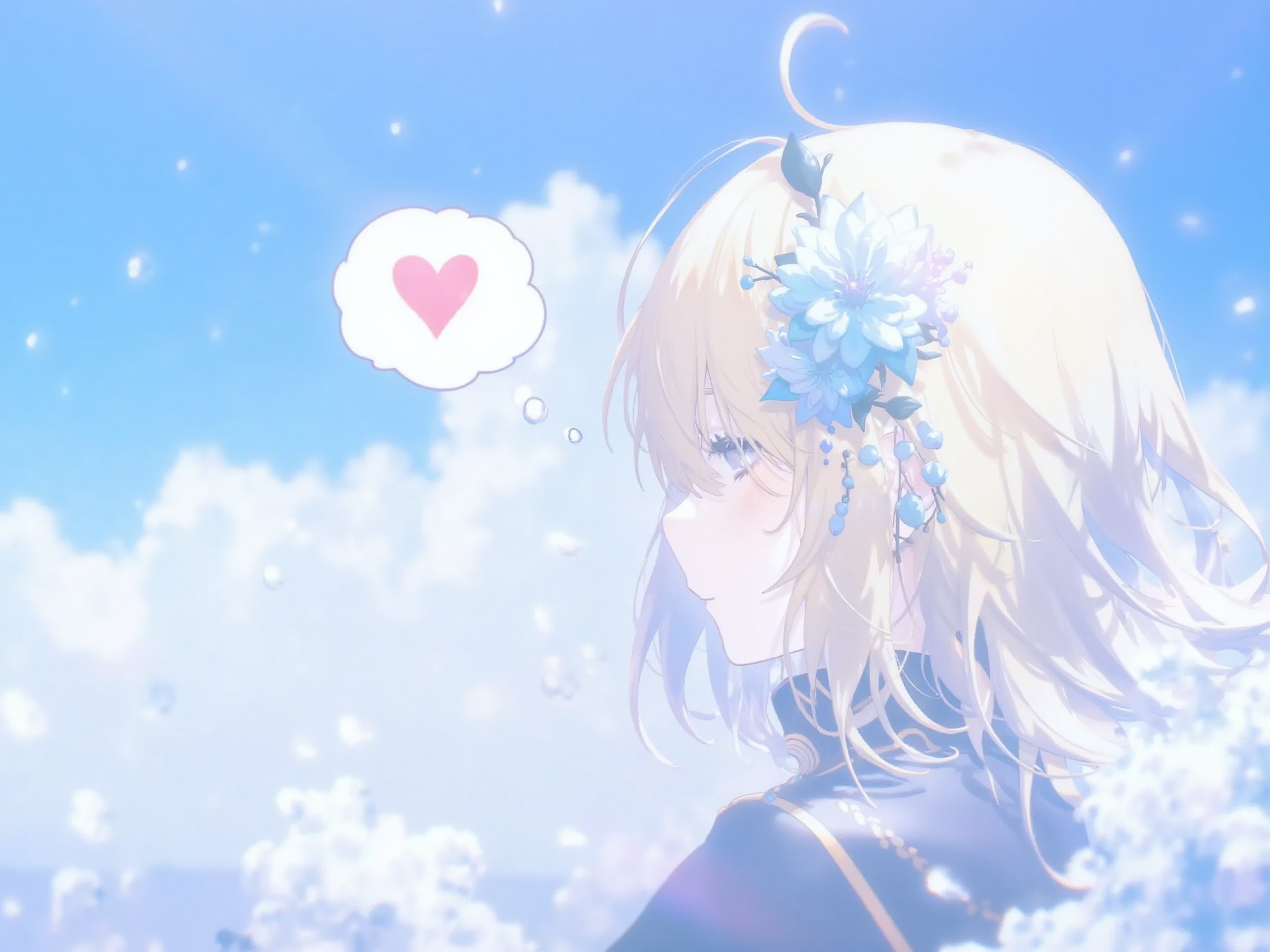 1girl,    spoken heart, hair flower, hair ornament, blue sky, bubble, solo, smile, sky, grey eyes, portrait, blonde hair, turtleneck, speech bubble, hairband, heart, flower <lora:Yajiang-000109:1>