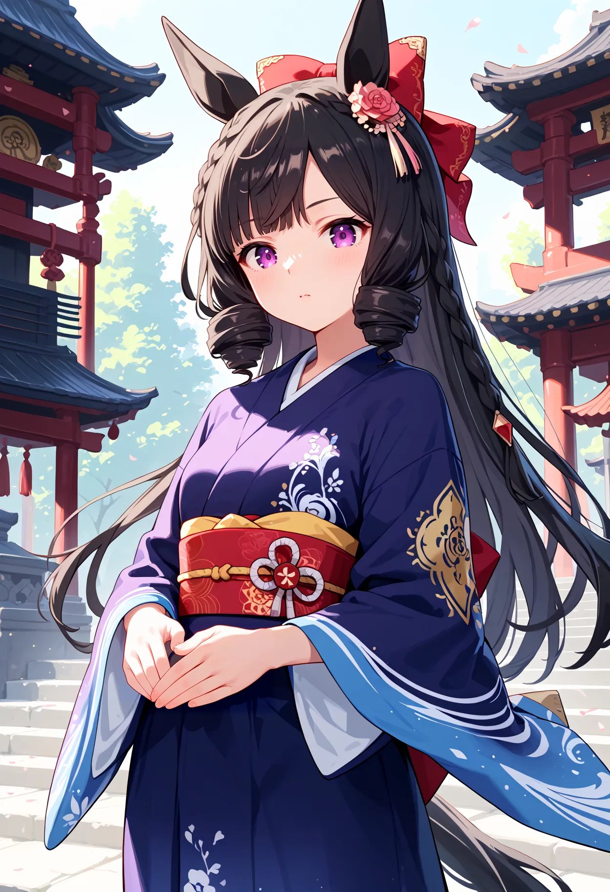 score_9, score_8_up, score_7_up, BREAK, best quality, masterpiece, very aesthetic, ultra detailed,very detailed background,BREAK,,zPDXL3,Daiichi_R, 1girl, solo, horse ears, horse tail, long hair, black hair, purple eyes,kimono,temple, <lyco:D_Ruby-ponyXL_locon-000013:0.8>