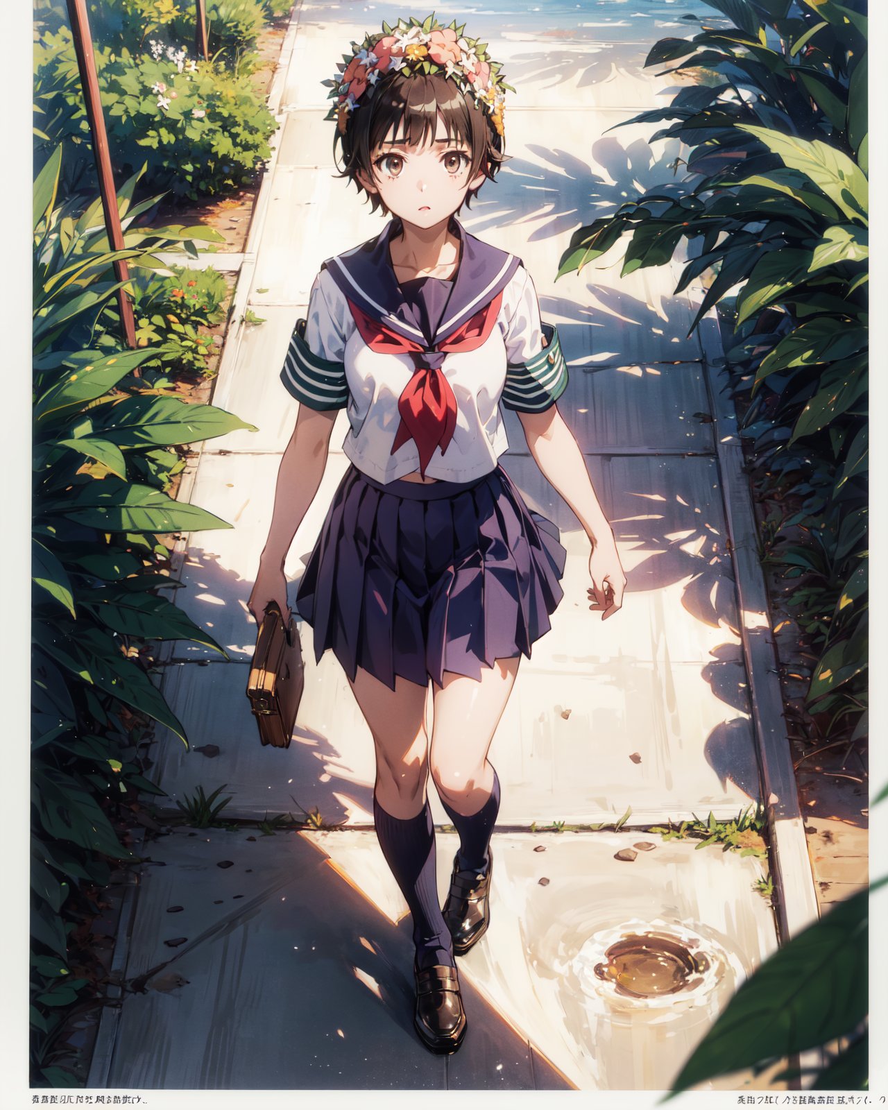 <lora:Uiharu-000007:0.8>,Uiharu CYQL,1girl,looking at viewer,solo,short hair,black hair,brown eyes,head wreath,flower,hair flower,(school uniform,summer uniform,short sleeves,serafuku,sailor collar,neckerchief,skirt,pleated skirt,armband,socks,white socks,black footwear),(teardrop:1.2),beautiful face,beautiful eyes,glossy skin,shiny skin,(bust,from_above,walking:1.2),double v,Date palms, Cacti, Oasis pool, Hot sand, Glaring sunlight, Mirage,Jasmine,beautiful detailed sky,beautiful detailed glow,(English text:1.3),(border:1.5),posing in front of a colorful and dynamic background,(masterpiece, best quality, beautiful and aesthetic:1.3),contrapposto,female focus,fine fabric emphasis,wallpaper,fashion,Lipstick,depth of field,intricate_detail,finely_detailed,fine_fabric_emphasis,(glossy),<lora:增强减少细节add_detail:0.4>,