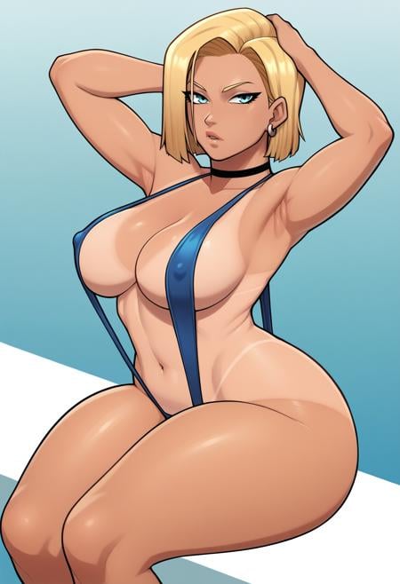 score_9, score_7_up <lora:mrpotatoparty-guy-PONY-DORAv101:1>, 1girl, breasts, tanlines, tan, solo, swimsuit, android 18, blonde hair, large breasts, blue eyes, navel, thick thighs, short hair, jewelry, earrings, slingshot swimsuit, thighs, choker, wide hips, curvy, bikini tan, looking at viewer, arm up, sitting, arm behind head, cleavage, armpits, one-piece tan, lips, covered nipples, parted lips, hand on own head, bikini, gradient background, blue background