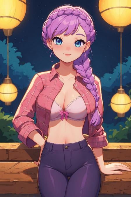 score_9, score_8_up, score_7_up, source_anime, highly detailed, (close-up:1.1), 1girl, cleavage, (looking at viewer:1), (slim body type:1), medium breasts, (rosewood crown twist braid hair:1.1) BREAK wearing (raspberry viscose flannel shirt:1.1) BREAK wearing (persimmon velvet leggings:1) BREAK cave in background BREAK dark theme, pastel lights ,  <lora:visualnovel_pony_SDXLPONY_r12_768_dim32-a1-adamW:0.7>