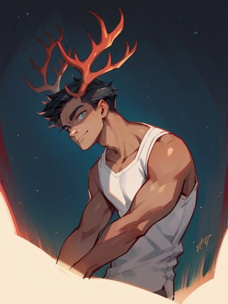 score_9, score_8_up, score_7_up, score_6_up, score_5_up, score_4_up,   <lora:T0n1XLP:0.9> T0n1, 1boy, colorful, night, dark, low light, long black hair, antlers, tan skin