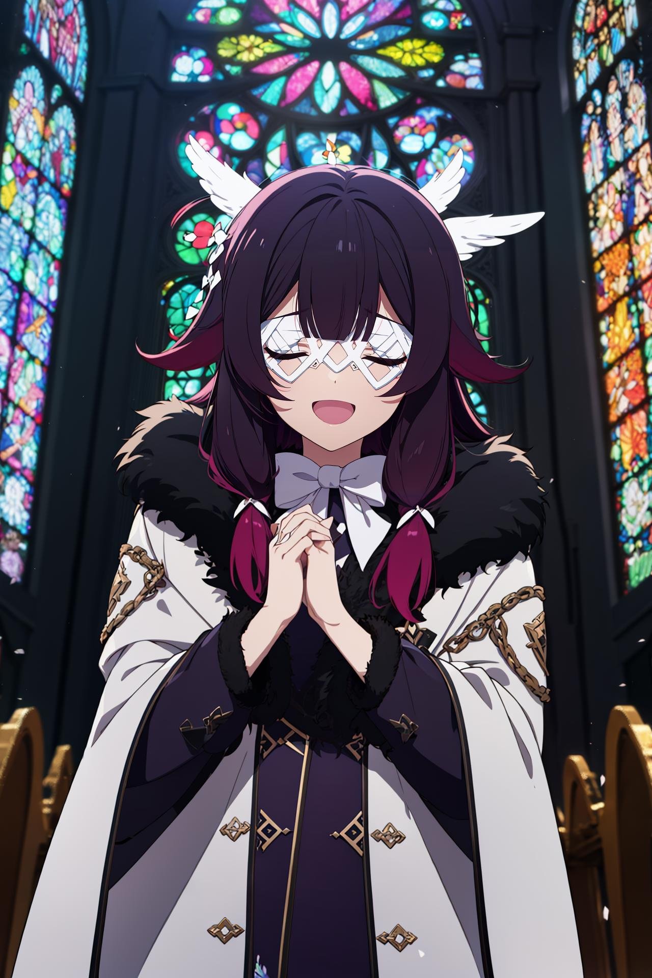 1girl,long_hair,closed_eyes,bandages,winter_coat,smile,:D,open_mouth,church,stained_glass,glass,best_quality,masterpiece,own hands together,  <lora:columbina-05:.6>,1girl, black hair, closed eyes, coat, eye mask, fur trim, ((fur-trimmed coat)), lace, long hair, open mouth, purple hair, red hair, smile, solo, solo focus, white coat, white mask,hair ornament, angel_wings,ribbon,((bow)), anime_coloring,anime_keyvisual, colorful,vivid<lora:envybetterhandsLocon_beta2:1> 