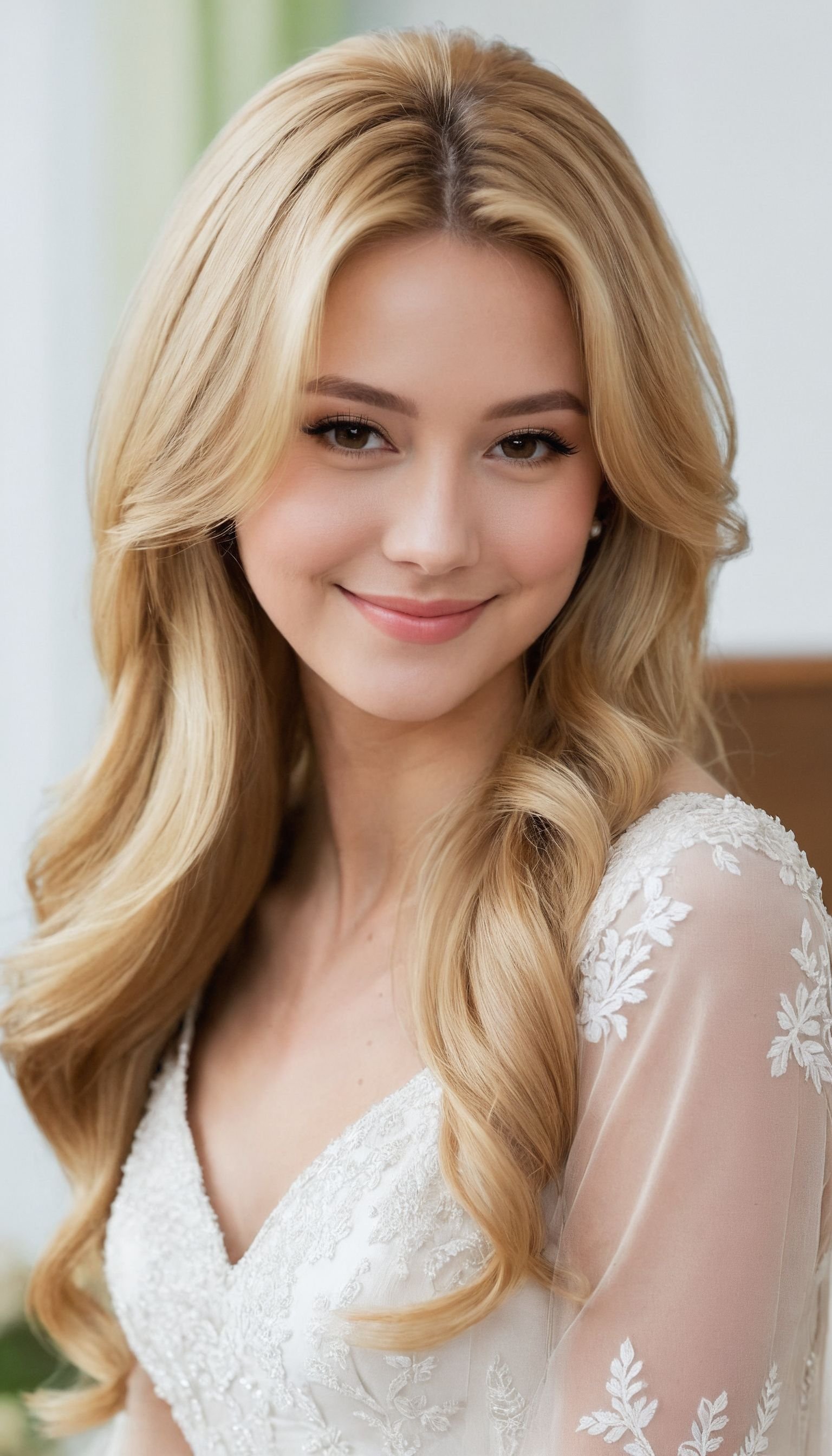 1girl, long hair, blond hair, soft smile, dress,