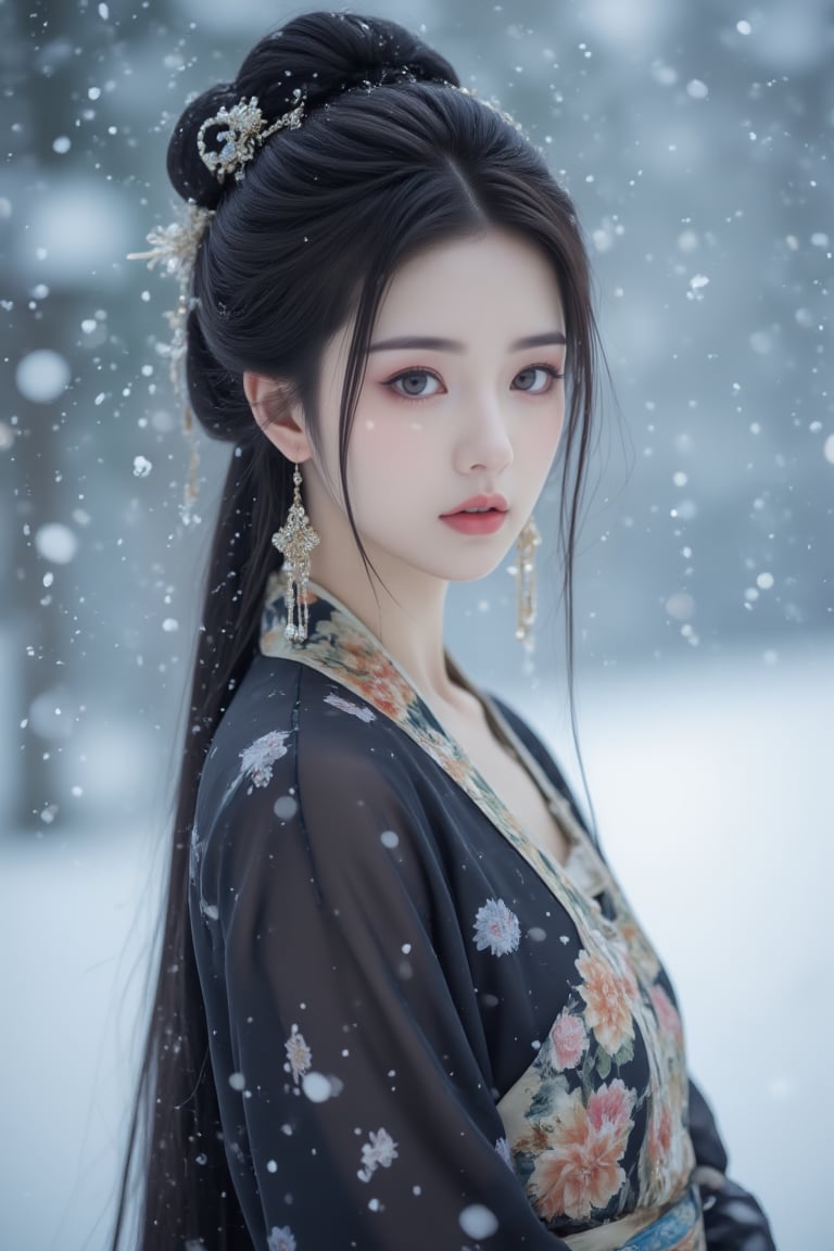 1girl,solo,black hair,hair ornament,long sleeves,floor-length skirt,jewelry,closed mouth,standing,earrings,outdoors,Tang Dynasty courtesans,wide sleeves,narrative photography,hair bun,blurry,makeup,blurry background,floral print,snow,snowing,winter,updo,cover art,high quality,<lora:极品超模V8_2.0:0.8>