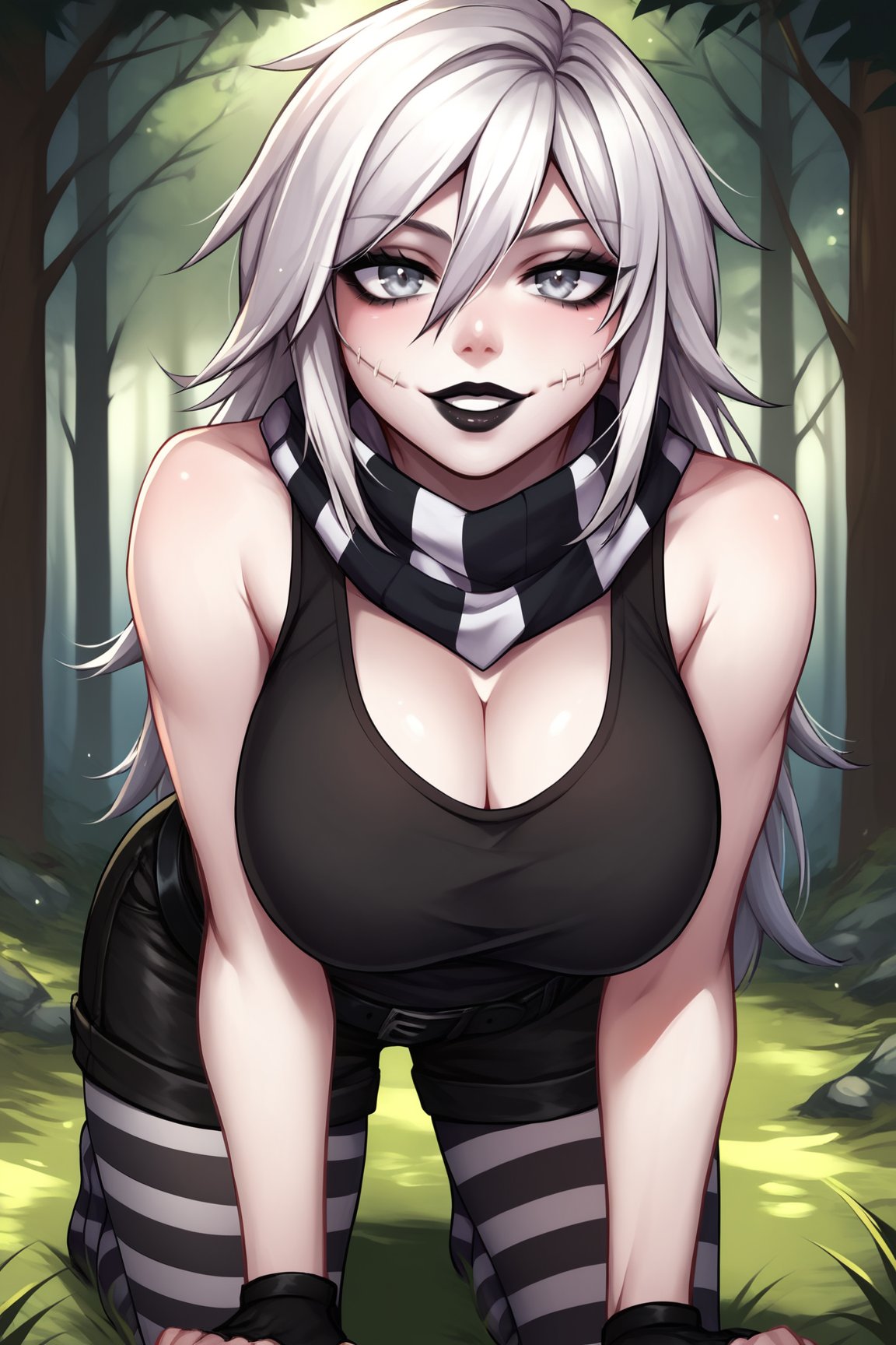 score_9, score_8_up, score_7_up, score_6_up, score_5_up, score_4_up, ZeroCYPAXL, white skin, colored skin, black lips, cheek stitches, grey eyes, makeup, white hair, long hair, hair between eyes, large breasts, white scarf, striped scarf, cleavage, black tank top, black gloves, fingerless gloves, black belt, black shorts, striped pantyhose, solo, all fours, seductive smile, looking at viewer, forest, tree <lora:ZeroCYPAXL:0.8>