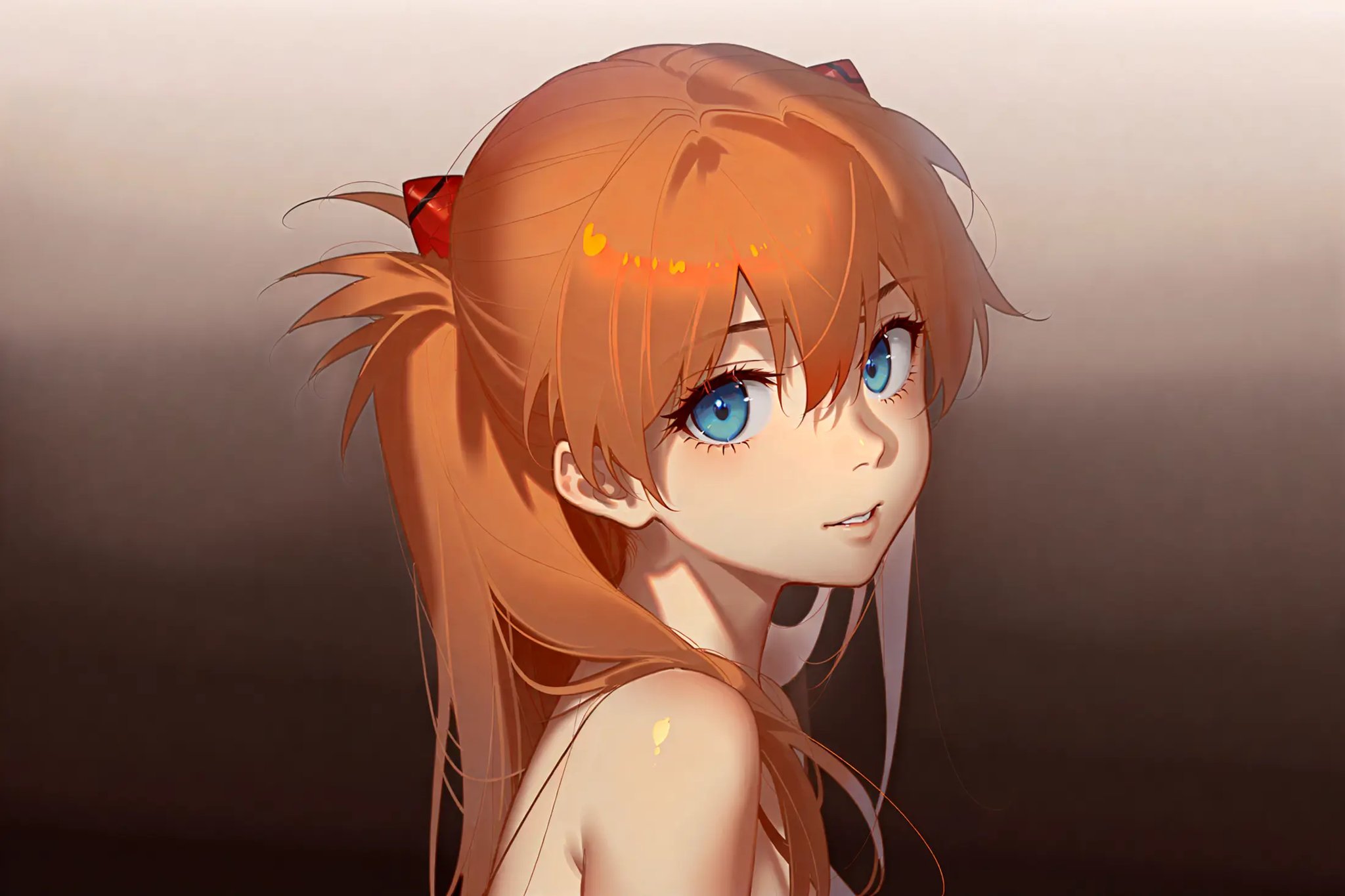 best quality, masterpiece, by ask, 1girl, blue eyes, solo, long hair, souryuu asuka langley, looking at viewer, gradient background, gradient, orange hair, upper body, bangs, hair ornament, hair between eyes