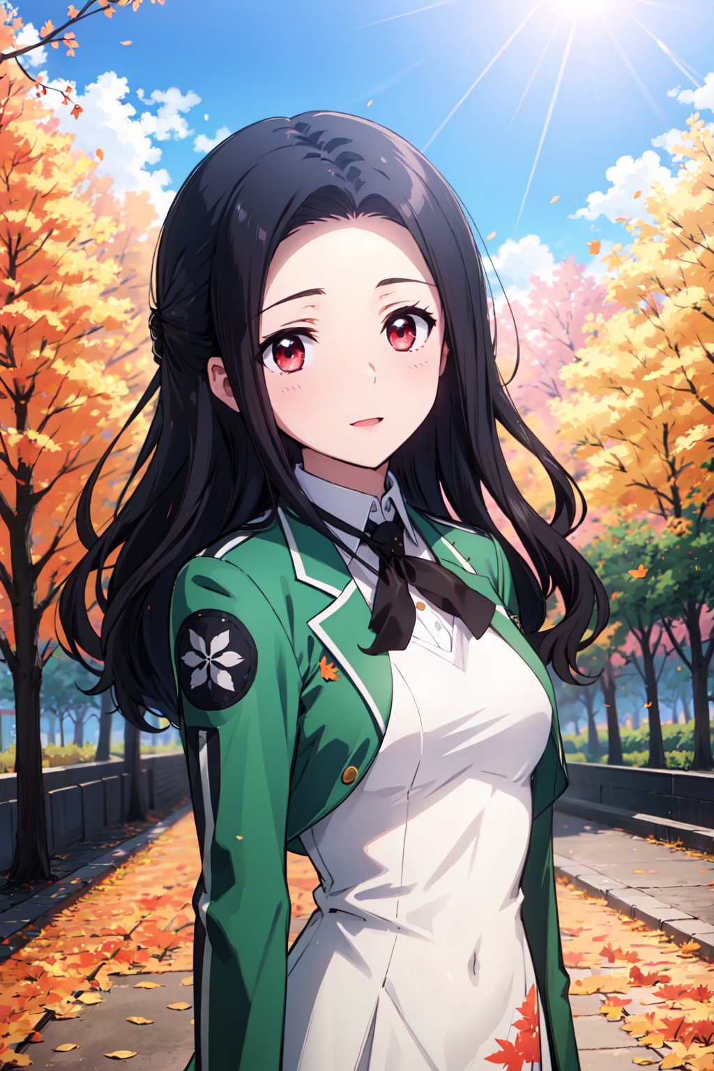 SaegusaMayumi, 4k, absurd, high resolution, very high resolution, high definition, masterpiece, upper body, green jacket, short jacket, open jacket, black tie, white dress, collared dress, transparent, long dress,Outdoor, school, trees, autumn leaves, sunny, rays of light, lens flare, depth of field, bokeh,standing, v-arms<lora:EMS-372498-EMS:0.700000>