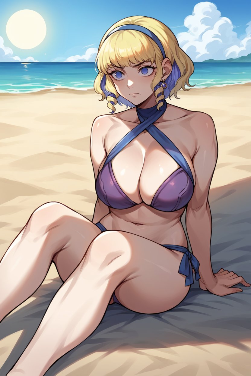 score_9, score_8_up, score_7_up, score_6_up, source_anime, BREAK 1girl, <lora:constance-pdxl-nvwls-v1-000005:1> defConstance, multicolored hair, short hair, blue hairband, earrings, purple bikini, halterneck, criss-cross halter, sitting, empty eyes, frown, beach, blue sky, sun, hunched over, big breasts, shadow over eyes