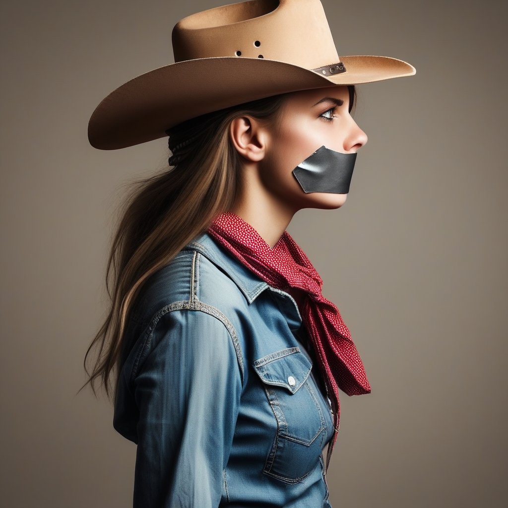 cowboy shot of one 20yo woman, casual clothes, tapegag. from side