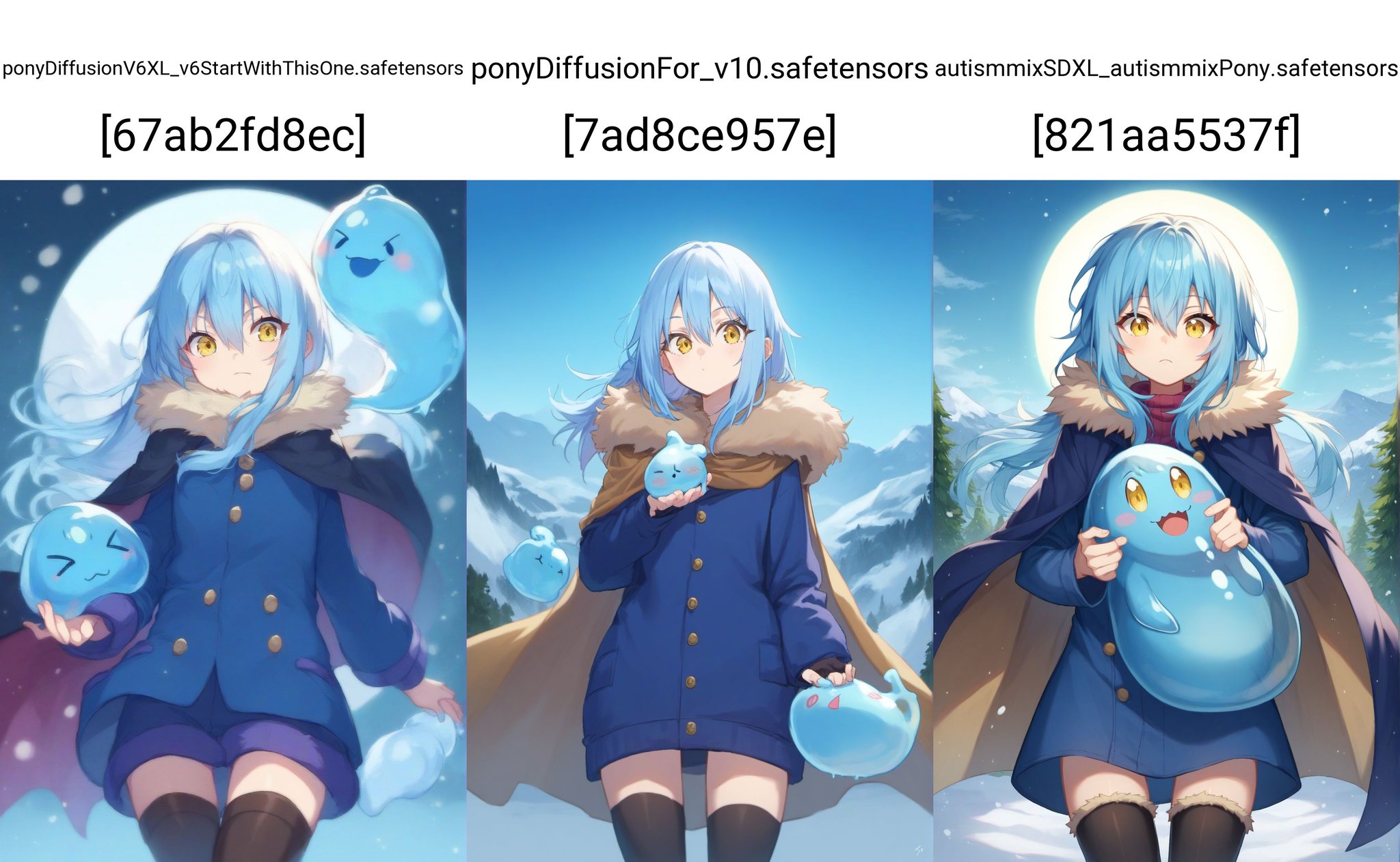 score_9, score_8_up, score_7_up, score_6_up,tsepmet_urumir_xl, rimuru tempest, rating:safe, blue hair, cape, fur trim, long hair, yellow eyes, hair between eyes, fur-trimmed jacket, fur-trimmed legwear, blue fur trimmed jacket, holding slime \(creature\), cute, = =. + +,official wallpaper, on a snowy mountain, backlighting, cowboy shot,<lora:Rimuru_Tempest_XL_Pony:1>