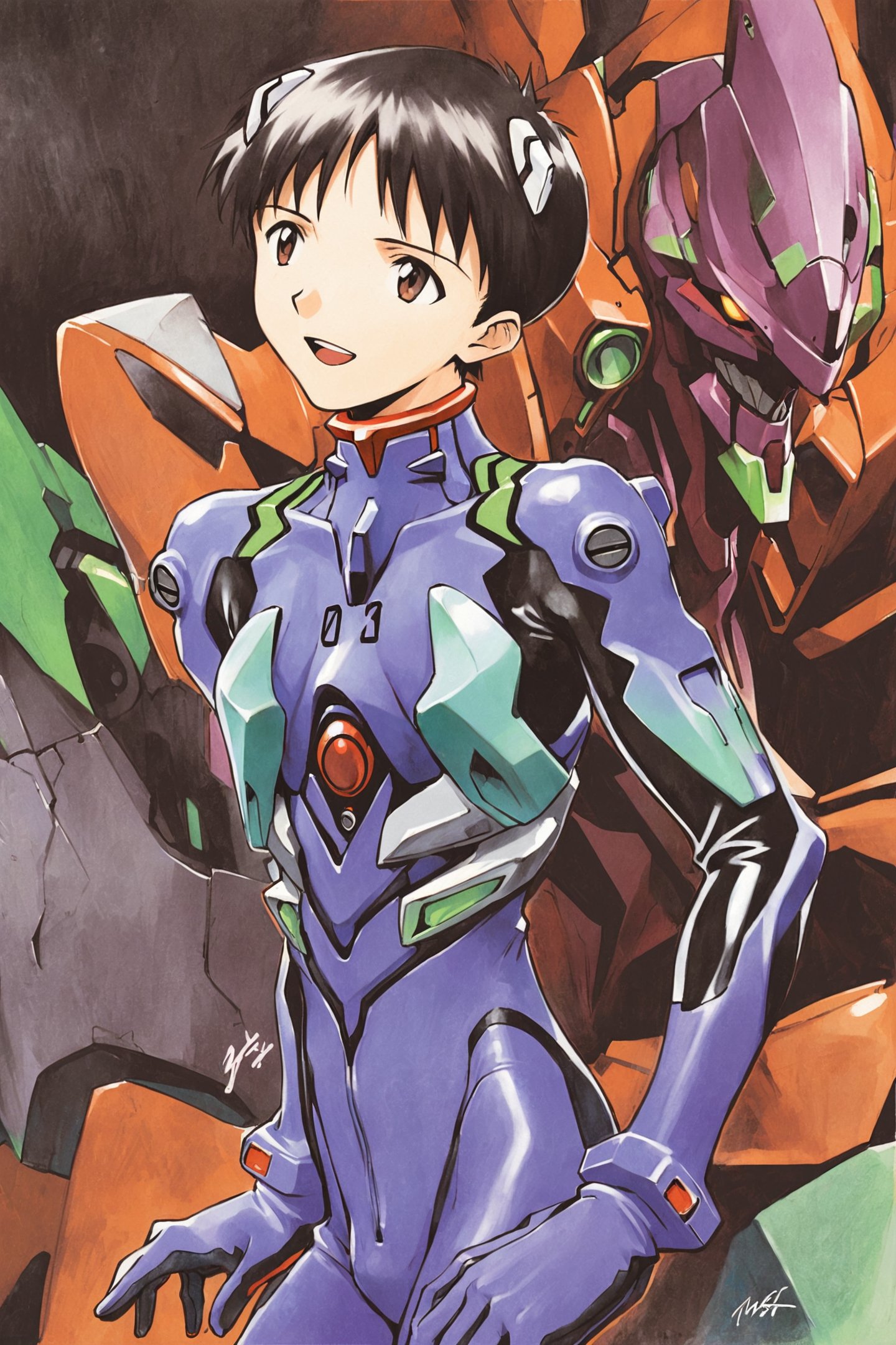 1boy,solo,ikari shinji,plugsuit,male focus,pilot suit,interface headset,bodysuit,eva 01,mecha,smile,robot,open mouth,upper body,brown eyes,gloves,evangelion (mecha),headgear,science fiction,turtleneck,:d,teeth,bracer,bangs,brown hair,white background,signature,short hair,looking to the side,upper teeth only,traditional media,black hair,blue bodysuit,simple background,<lora:Sadamoto Yoshiyuki_XL_V3:0.8>,