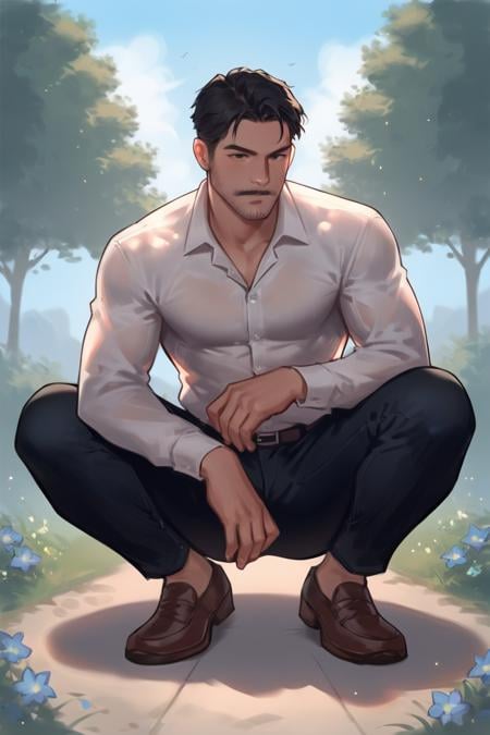 score_9, score_8_up, score_7_up, score_6_up, score_5_up, score_4_up, rating_safe, 1boy, solo, shirt, male focus, outdoors, flower, white shirt, shadow, squatting, facial hair, pants, collared shirt, black pants, grass, long sleeves, short hair, day, black hair, brown hair, blue flower, mustache, shoes, brown footwear, sky <lora:Smooth Style LoRA XL:1>