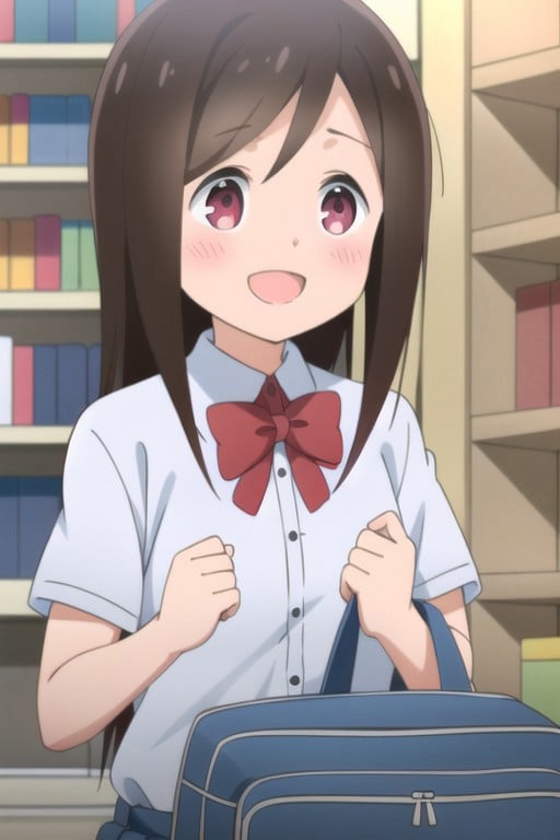 (masterpiece),hitori bocchi, brown hair, long hair, pink eyes, 1girl,solo, smile, ahoge, open mouth, blush, bookshelf, bag, upper body, :d