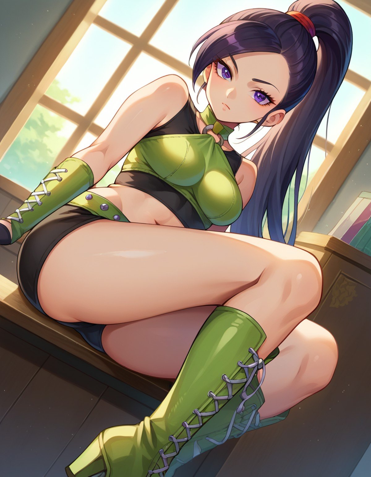 score_9, score_8_up, score_7_up, source_anime,dqmartina, <lora:dq-martina-ponyxl-lora-nochekaiser:1>,martina, long hair, ponytail, purple eyes, black hair,bare shoulders, boots, crop top, cross-laced footwear, green footwear, high heel boots, high heels, knee boots, lace-up boots, navel, bare legs,indoors,looking at viewer, dutch angle, cowboy shot,