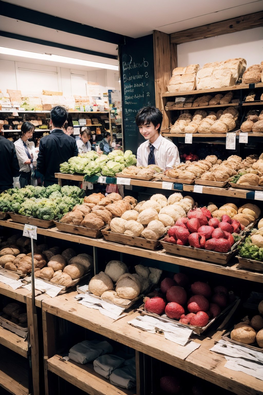 <lora:AgainRealistic_v2.0:1>,AgainRealistic_v2.0, multiple boys, shirt, black hair, food, shop, white shirt, long hair, indoors, chalkboard, multiple girls, short sleeves, collared shirt, short hair, necktie, 3boys, school uniform, 2girls, facing away, open mouth, bag, standing, uniform, smile, sleeveless, looking at another, vegetable, bread, 1girl, holding, 2boys, from behind, dress shirt, fruit, dress, shelf