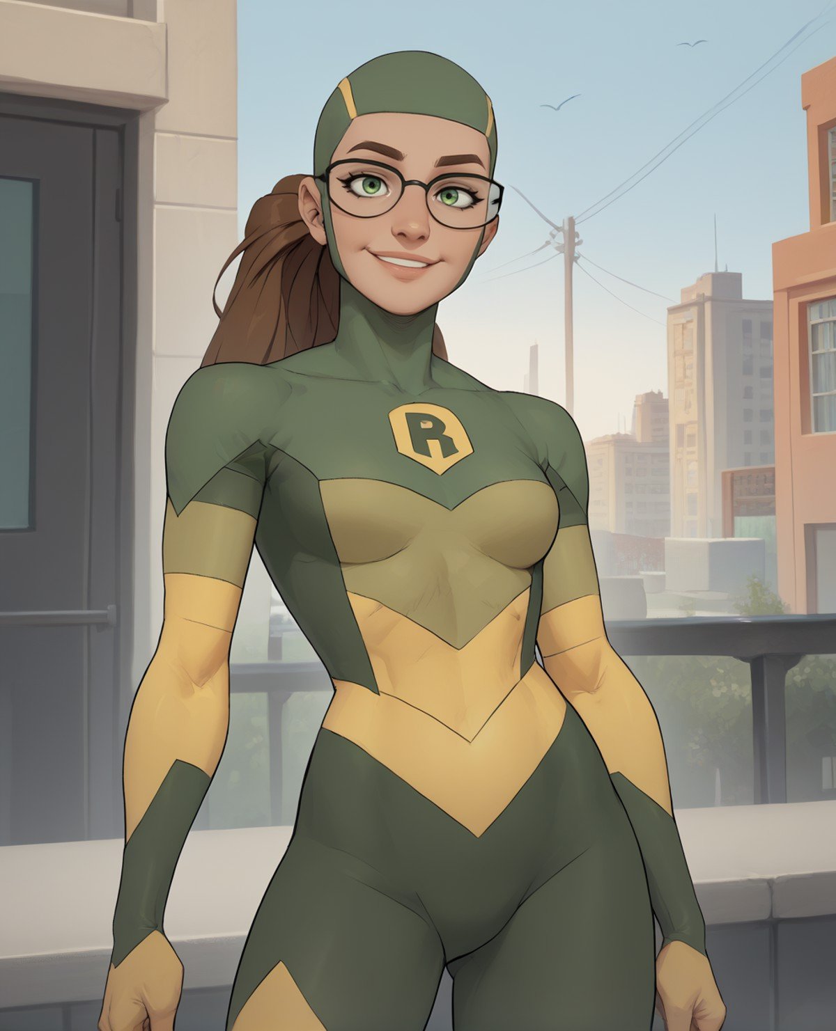 score_9,score_8_up,score_7_up,score_6_up,score_5_up,score_4_up,shrinkingraexl,ponytail,green eyes,green bodysuit,glasses,green bodysuit,head cap,standing, R,light smile,city,morning,(insanely detailed, beautiful detailed face, masterpiece, , best quality),<lora:shrinkingRae:0.8>,