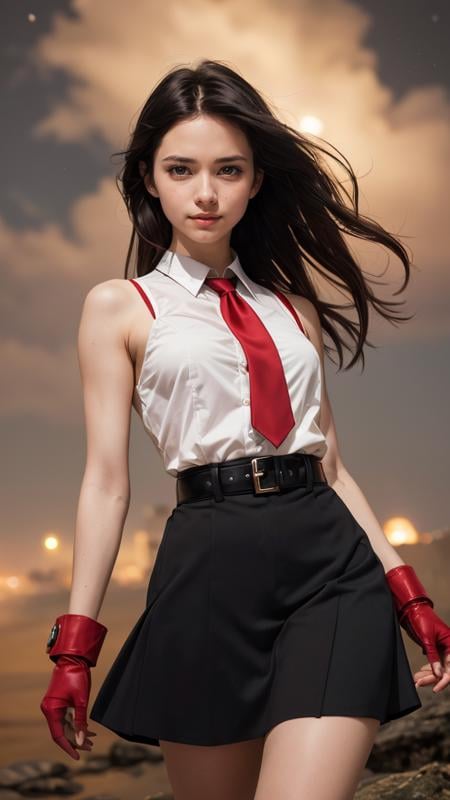 (masterpiece, best quality, highres:1.2), (photorealistic:1.2), raw photo, (Akame ga Kill!), young, cute, slim, long black hair, red eyes, black dress, sleeveless, detailed white collar, black skirt, red belt around her waist, red and black gloves, long red tie, black socks, boots, smile, moonlight passing through hair, (night beautiful background:1.3), (sharp), (film grain:1.3), (morbid light:1.2), (dynamic angle), exposure blend, bokeh, dim light, (hdr:1.4), high contrast, (muted colors, dim colors, soothing tones:1.3), low saturation, morbid