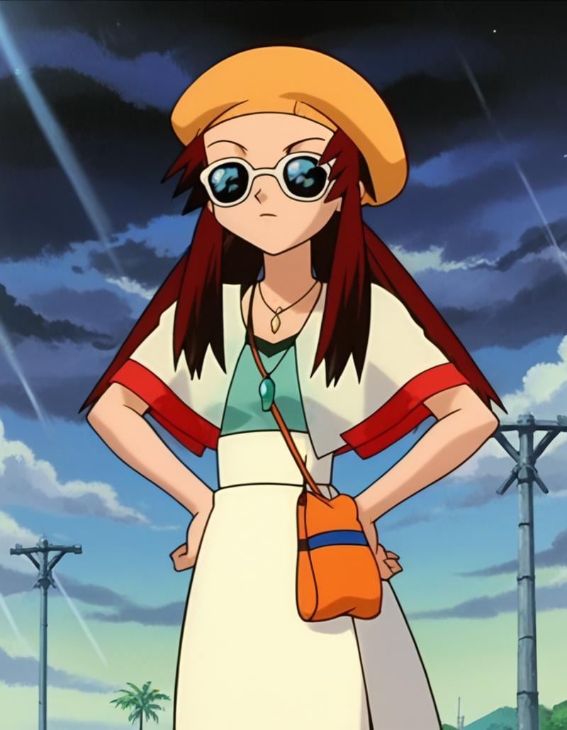 score_9, score_8_up, score_7_up, score_6_up, score_5_up, score_4_up, BREAK source_anime, anime screencap, <lora:melodyPkmnXL-08:01> melodyPkmnXL, 1girl, solo, hat, cloud, sunglasses, bag, necklace, sunbeam, jewelry, hands on hips, parody, sky, light rays