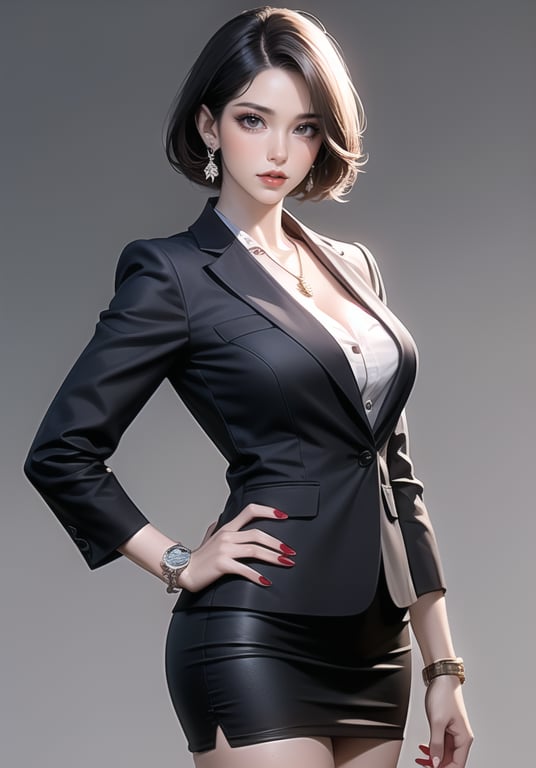 (best quality), ((masterpiece)), (highres), illustration, original, extremely detailed,dbj, 1girl, jewelry, solo, earrings, necklace, skirt, black hair, breasts, red lips, hand on hip, looking at viewer, watch, jacket, bracelet, short hair, cleavage, wristwatch, brown eyes, pencil skirt, lipstick, cowboy shot, shirt, simple background, makeup, office lady, formal, white shirt, red nails, lips, standing, miniskirt, suit, nail polish, medium breasts, large breasts, black background, grey background