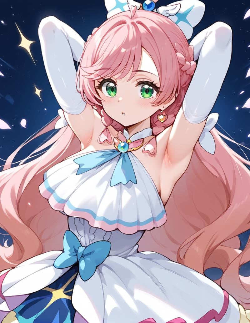 score_9,score_8_up,score_7_up,score_6_up,score_5_up,score_4_up,1girl,<lora:cureprism_pony:1>,cureprism,soaring sky! pretty cure,pink hair,green eyes,gloves,white gloves,magical girl,jewelry,hair ornament,earrings,dress,bare shoulders,arms_behind_head,armpits,blush,surprise,looking at viewer,