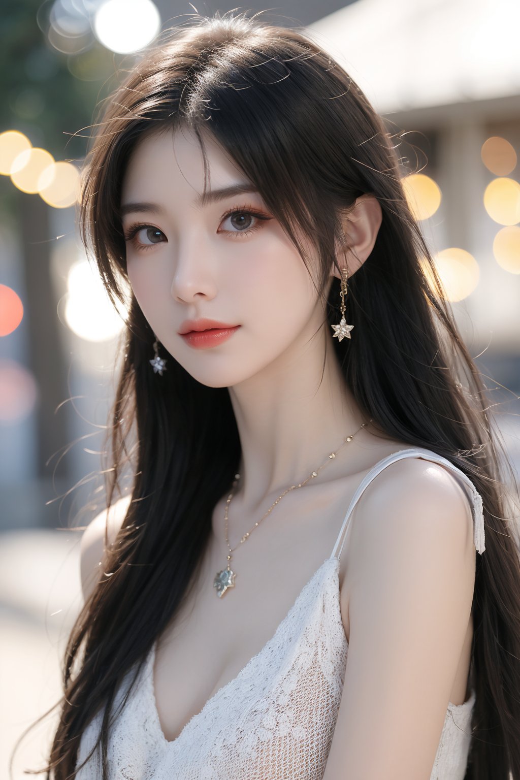 1girl, black hair, blurry, blurry background, bokeh, depth of field, jewelry, lens flare, lips, long hair, looking at viewer, necklace, outdoors, sleeveless, solo <lora:美女:0.8>