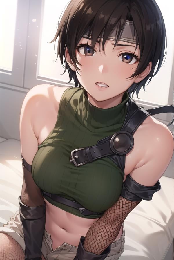 yuffiekisaragi, <lora:yuffie kisaragi v2-lora-nochekaiser:1>, yuffie kisaragi, (black hair:1.5), (brown eyes:1.7), short hair, pixie cut,BREAK crop top, fingerless gloves, fishnet thighhighs, fishnets, forehead protector, gloves, headband, navel, short shorts, shorts, single sleeve, single thighhigh, sleeveless, sleeveless turtleneck, thighhighs, turtleneck,BREAK cowboy shot, looking at viewer, BREAK indoors,BREAK <lyco:GoodHands-beta2:1>, (masterpiece:1.2), best quality, high resolution, unity 8k wallpaper, (illustration:0.8), (beautiful detailed eyes:1.6), extremely detailed face, perfect lighting, extremely detailed CG, (perfect hands, perfect anatomy),