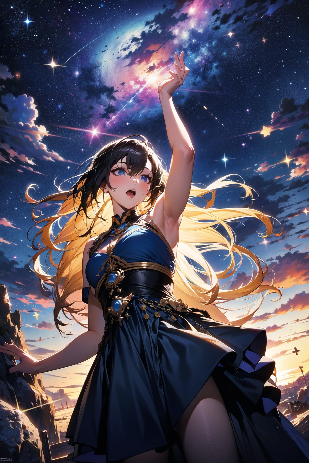 absurdres, highres, (official art, beautiful and aesthetic:1.2), close view, arm up from below1girl, shining sky, vast world, gazing, awe-inspiring expression, distant horizon, clouds, high hill, natural beauty, inspiration, night sky, Shining Stars,<lora:apstyle:0.5>apstyle