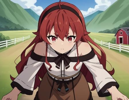 score_9, score_8_up, score_7_up, source_anime,erisgreyrat, <lora:eris-boreas-greyrat-s1-ponyxl-lora-nochekaiser:1>,eris greyrat, ahoge, hair between eyes, long hair, red eyes, red hair, sidelocks,black hairband, black ribbon, brown skirt, hairband, long sleeves, neck ribbon, pantyhose, ribbon, shirt, shoulder cutout, skirt, white pantyhose, white shirt, wide sleeves,outdoors, landscape, farm, bent over,looking at viewer, dutch angle, cowboy shot,