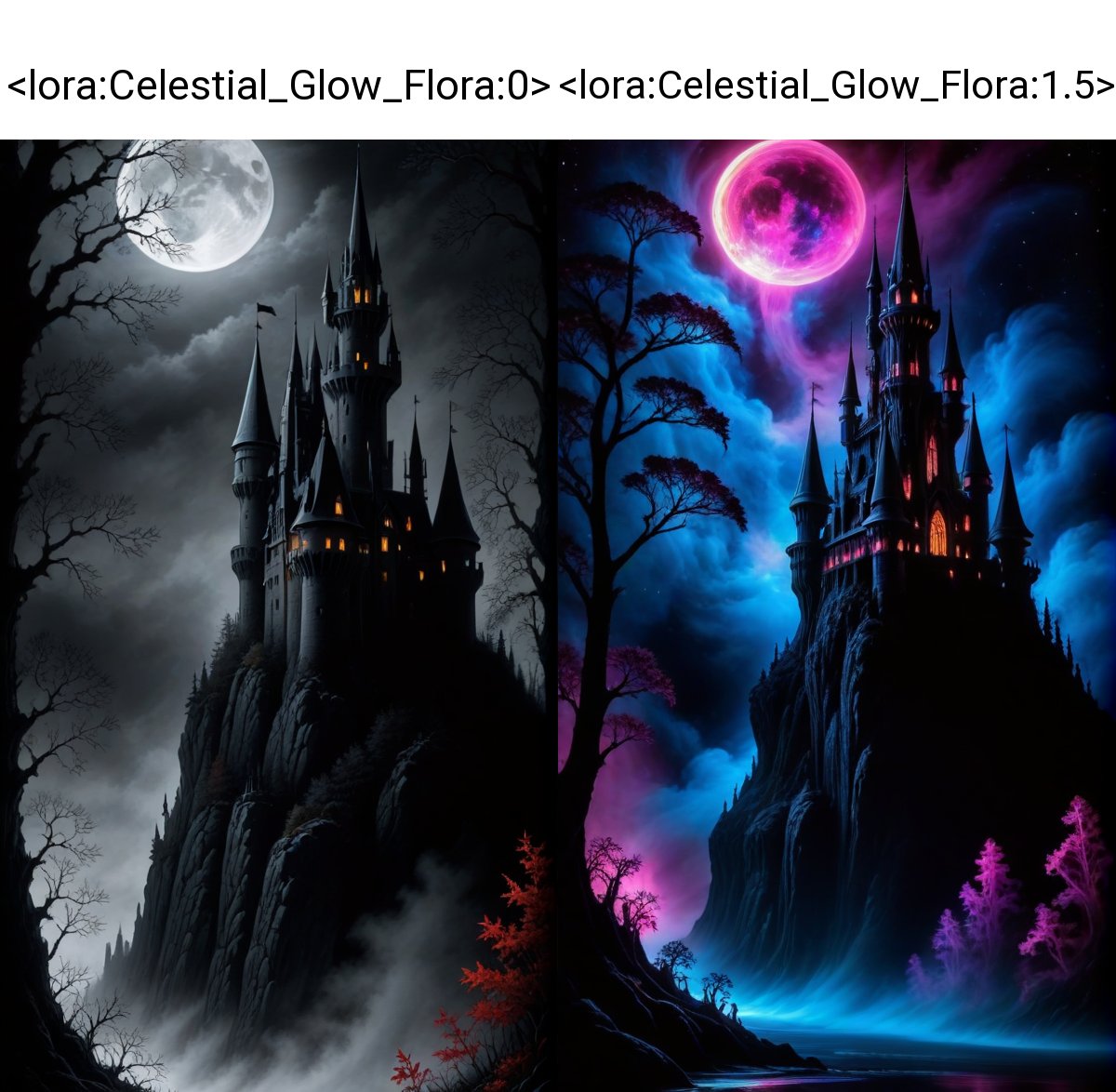 masterpiece of high-contrast shadow and light, a gothic castle sitting on edge of a forbidden mystical forest, moonlight, (fog and moonbeams:1.2), (pure black:1.3), and (darkness:1.3), mysticism, fantasy, gothic horror, glowing flora, magical phenomena, ultra realistic painting, intricate, High Detail, Sharp focus, realism, darkness. <lora:Celestial_Glow_Flora:0>