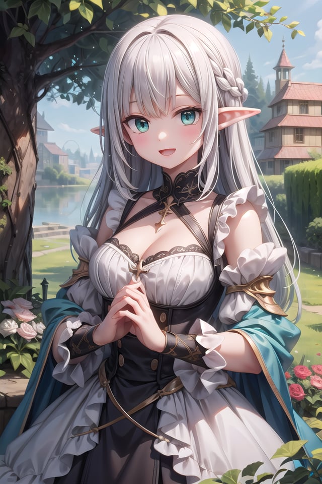 insanely detailed, absurdres, ultra-highres, ultra-detailed, best quality,1girl, solo, nice hands, perfect handsBREAKelf girl, (wearing dress with many frills:1.2), (nsfw:-1.5), (navel:-1)BREAKhappy smile, laugh, open mouthBREAKstanding, cowboy shot, looking at viewerBREAKslender, kawaii, perfect symmetrical face, ultra cute girl, ultra cute face, ultra detailed eyes, ultra detailed hair, ultra cute, ultra beautifulBREAKfantasy world, garden of castle, depth of field, ultra detailed backgroundBREAKlarge breasts, cleavage,BREAKsilver hair, long hair, elf ear, green eyes