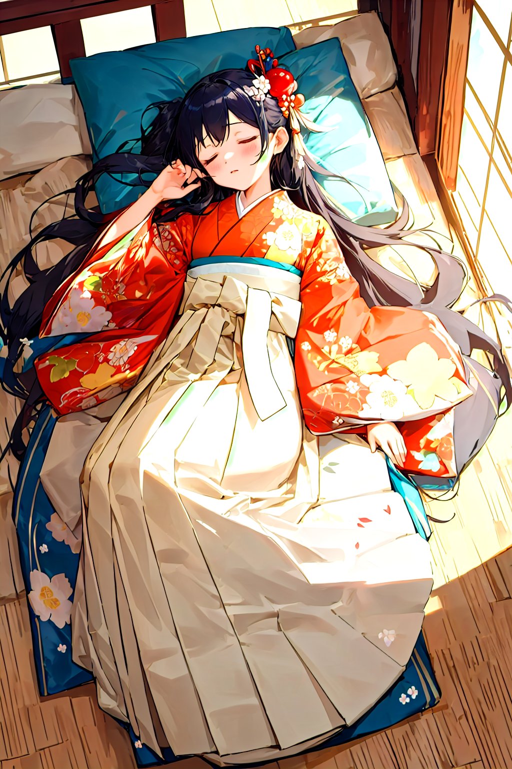 hakama skirt, 1girl, solo, from above, full body, lying, sleeping, indoor, cute japanese girl, long hair, hair ornament, floral print, kimono, hakama, masterpiece, best quality, 