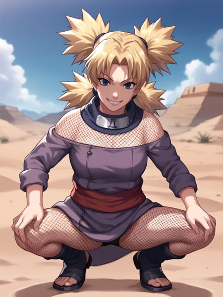 score_9, score_8_up, score_7_up, score_6_up, score_5_up, score_4_up, BREAK, source_cartoon, source_anime, squatting, ytemari standing in a desert, 1girl, blonde hair, quad tails, blue eyes, fishnets, purple garment, red sash, fishnet, standing, evil smile, looking at viewer, outdoors, dune, sand   <lora:TemariGeninXL:1>