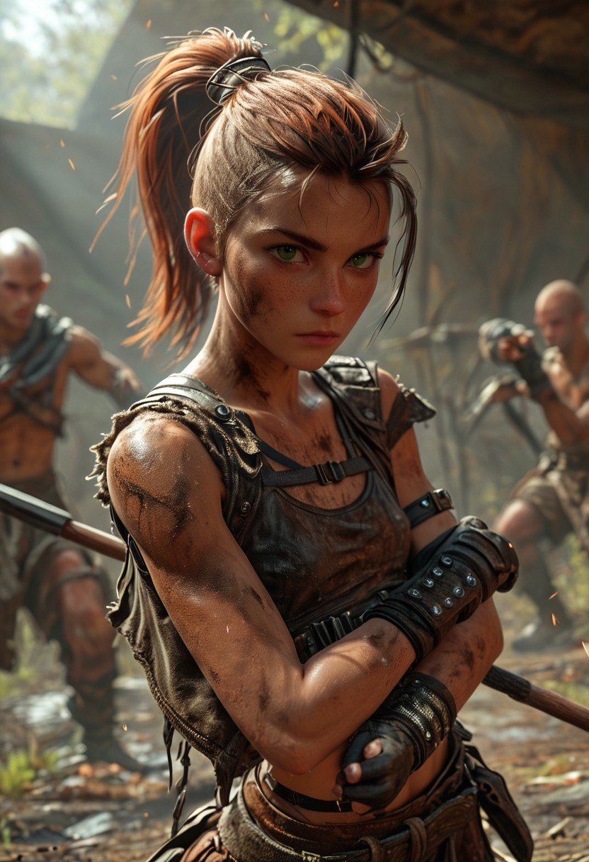 1 girl, Masterpiece, 4k, ultra high detail, score_9, score_8_up, score_8, 18yo, petite, small breast size, red_orange wild ponytail hair, fcNeg, stunning emerald green eyes, freckles, white skin, small nose, innocent beauty, slim petite face,  skinny petite body,  Warm Wasteland clothes made from metal and leather scrap, used leather chest clothes, wild warm clothes for cold season, long warm fur coat over shoulders, warm dirty fur cape, dirty clothes, protective clothes against cold, closed clothes, closed chest pieces, Light body-hugging leather armor without shoulder armor,  Inside a dusty arena, fighting scene, speer fighting pose, thunderdome, whirling with spear, XUER martial arts style