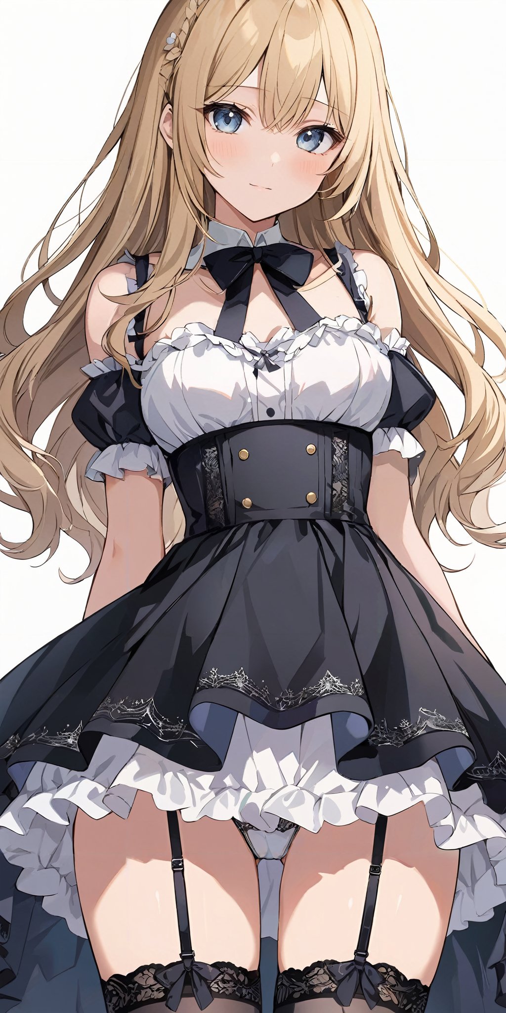 masterpiece,ultra-detailed,best quality,8K,illustration,cute face,clean skin ,shiny hair,girl,ultra-detailed-eyes,simple background,cowboy shot ,source-anime<lora:add-detail-xl:1> <lora:garter belts_XL_V1.0:1> garter belts, thighhighs,dress