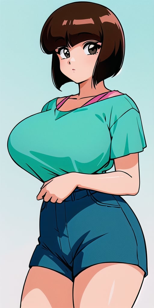 <lora:TendouNabikiV3:0.85> tendounabiki, huge_breasts, standing, solo, Aqua_shirt_Pink_undershirt_Short_shorts, masterpiece, best quality, detailed face, detailed eyes, highres,