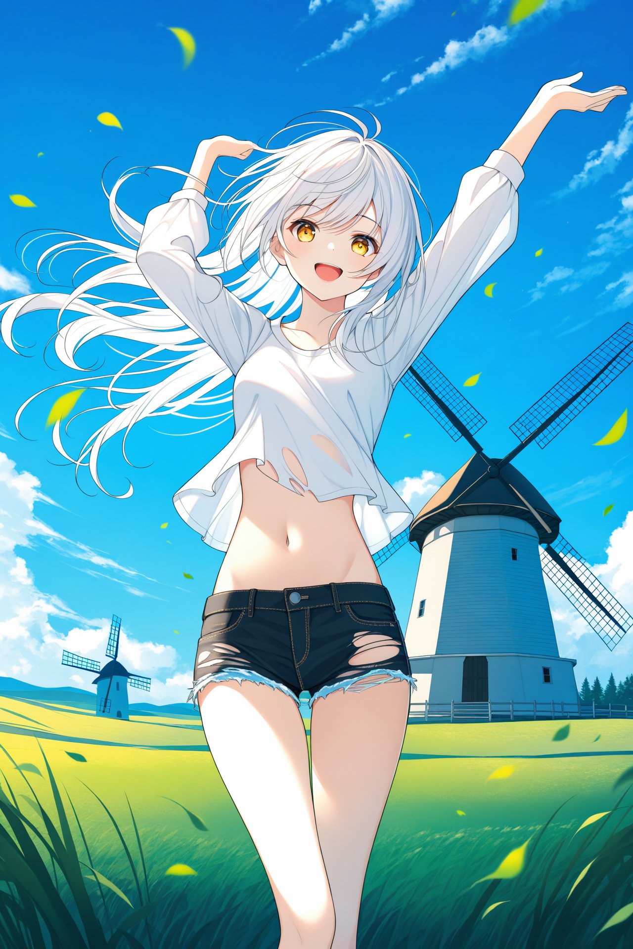 (masterpiece),(best quality),illustration,ultra detailed,hdr,Depth of field,(colorful),1girl,solo,outdoors,shorts,sky,long hair,cloud,navel,falling leaves,cutoffs,arms up,crop top,smile,grass,windmill,midriff,day,black shorts,long sleeves,floating hair,stomach,wind,blue sky,standing,open mouth,shirt,short shorts,denim,white hair,white shirt,yellow eyes,:d,torn shorts,feet out of frame,looking at viewer,denim shorts,leaf,thighs,