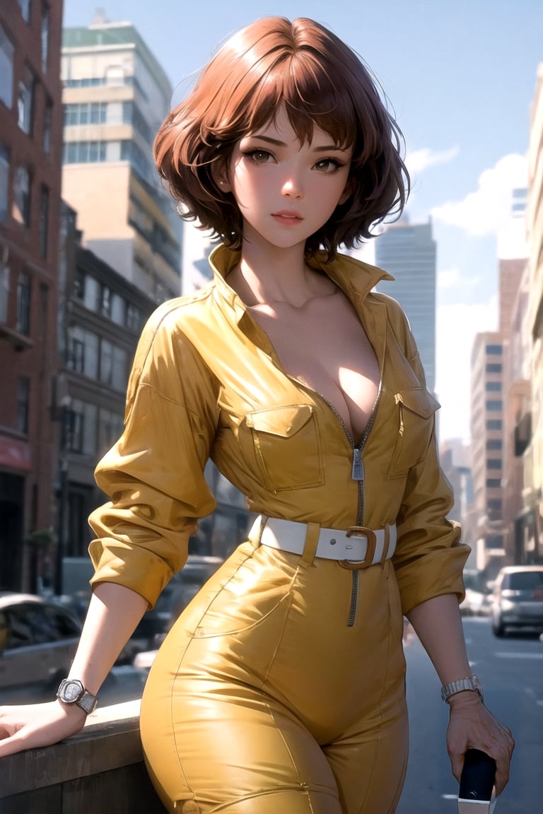 ,  masterpiece, best quality, high quality, highres, outdoors, day,  looking at viewer, solo, focused, BREAK, CARTOON_April_ONeil_TMNT_ownwaifu, 1girl, brown hair, short hair, breasts, brown eyes, large breasts, lips, makeup, collarbone, lipstick, cleavage, sleeves rolled up, yellow jumpsuit, watch, unzipped, zipper, white belt,<lora:CARTOON_April_ONeil_TMNT_ownwaifu:1> 