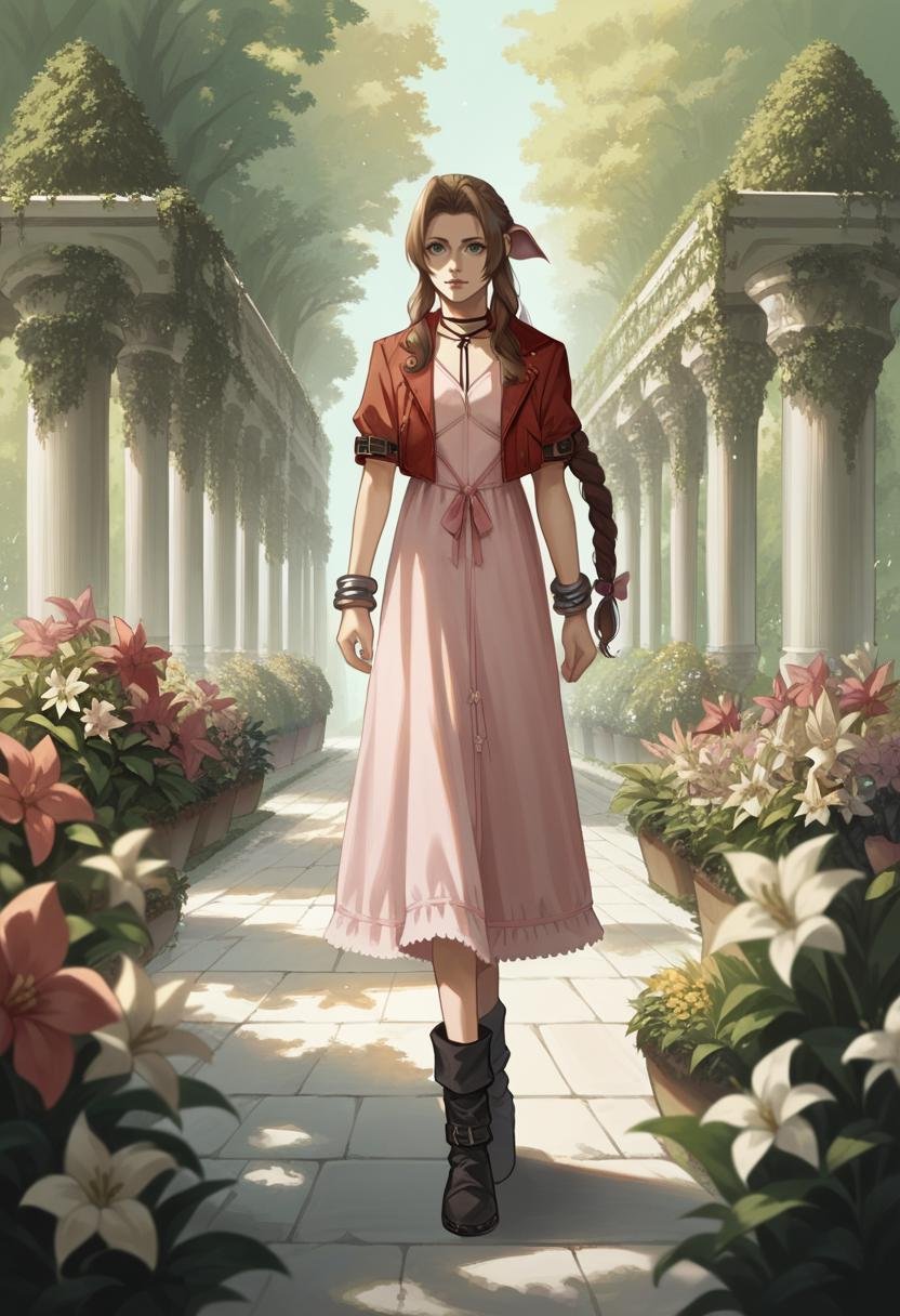 score_9, score_8_up, source_anime, ,1girl, aerith gainsborough, brown hair, braid, long hair, green eyes, hair ribbon, bolero jacket, cropped jacket, bow, choker, long pink dress, pink bow, boots, bangles, <lora:AerithXL:1>, walking in a garden, flowers, detailed background,