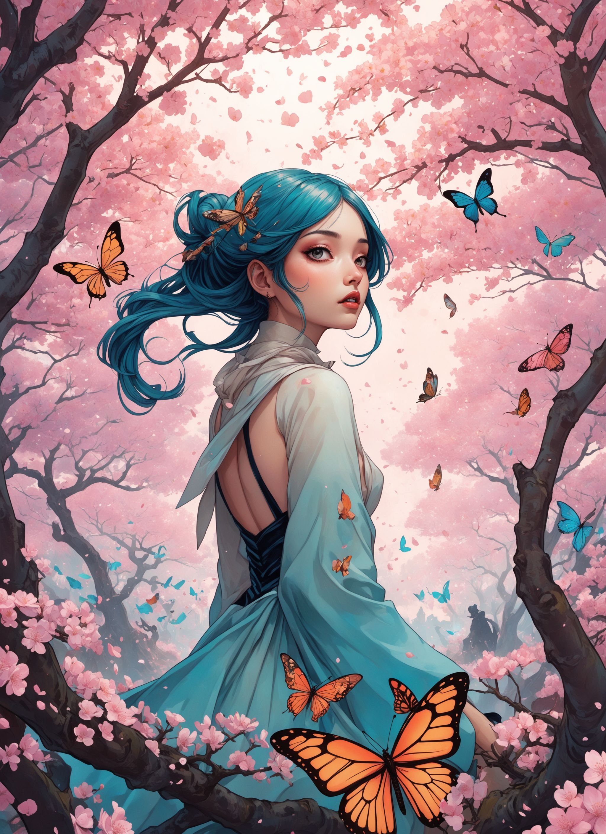 representation of bollywood cow films by harumi hironaka, alphonse mucha, jump comics alice in wonderland, floating among cherry blossom trees, glowing butterflies, floating in the air, atmospheric, giant centipede flowers, hyper detailed, dramatic, smooth, concept art, 4 k, artstation, colorful, fish eye, cinematic, greg rutkowsky
