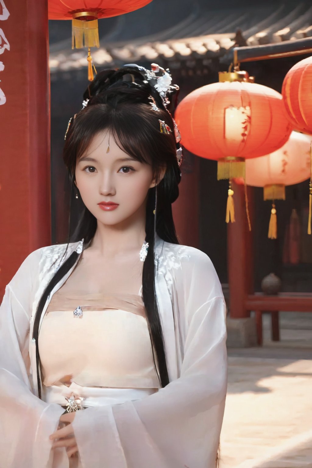 (global illumination, reality,ray tracing, HDR, unreal rendering, reasonable design, high detail, masterpiece,best quality, ultra high definition, movie lighting),1girl,outdoor,looking_at_viewer,side_blunt_bangs,china_dress,chinese_style,big breasts,pose,solo,1girl,black hair,black eyes,  hanfu <lora:HanfuSongWutaiXj:0.8>