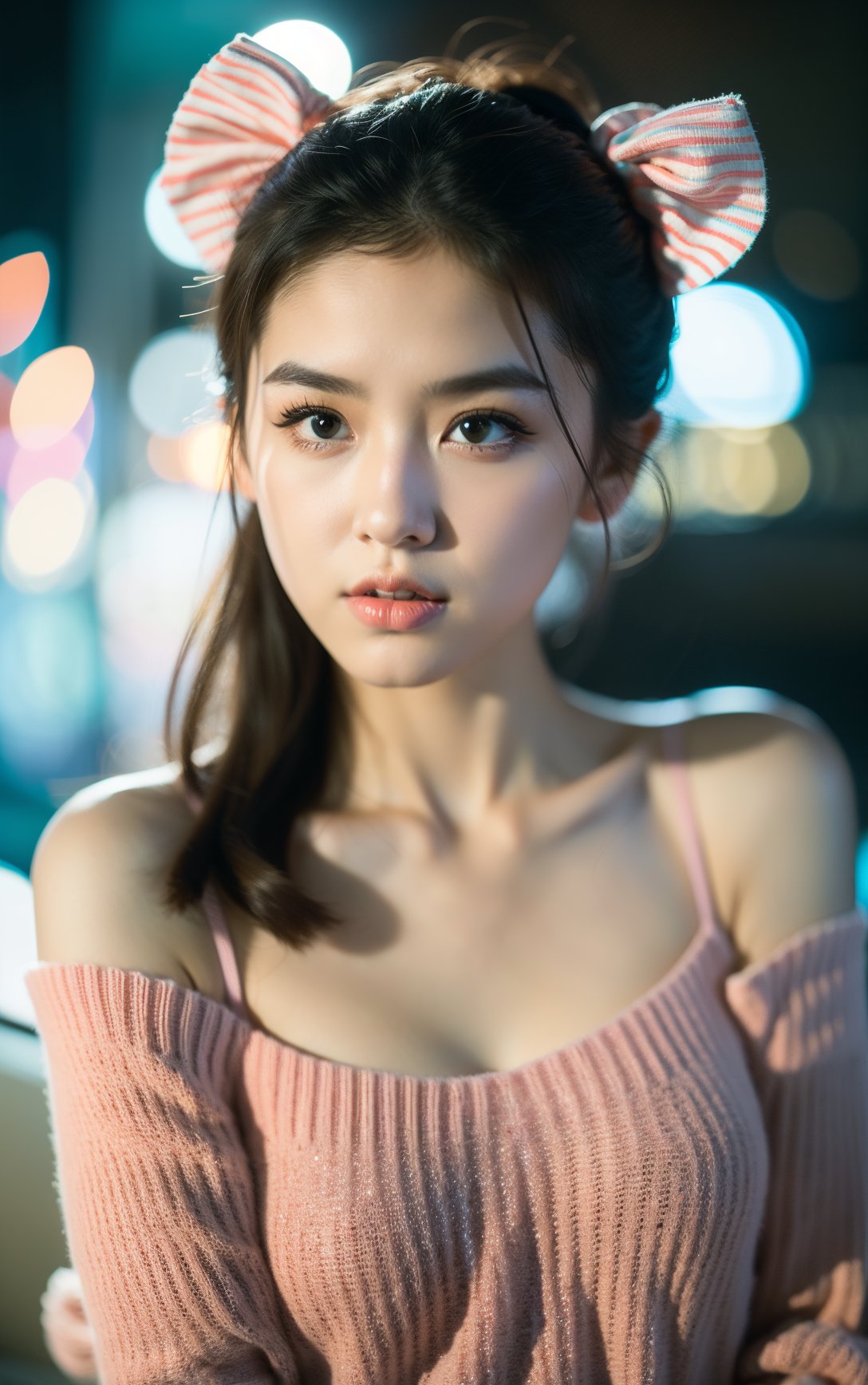 Ultra-realistic 8k CG, masterpiece, best quality, (photorealistic:1.4), HDR, absurdres, Professional, RAW photo, lens flare, (film grain:1.1), Bokeh, ((Depth of field)), studio light, a young woman , a teddy bear  and wearing a pink sweater and a pink bow around her head, 1girl, animal, animal_on_shoulder, bare_shoulders, brown_eyes, cat, dog, fireworks, ,, ,_animal, ,_cat, lips, night, night_sky, realistic, shooting_star, solo, space, star_(sky), starry_sky. Highly detailed,Professional,extreme detail description;,