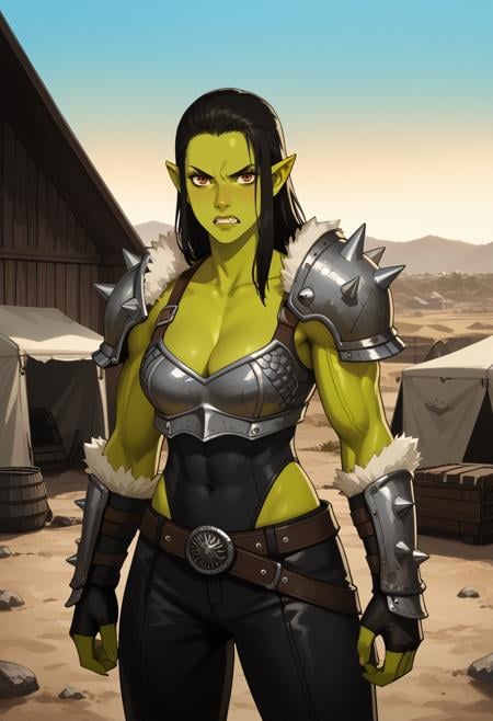 score_9,score_8_up,score_7_up,score_6_up,score_5_up,score_4_up, BREAK, 1girl, solo, (looking at viewer), scenery, outdoors, leather armor, spiked shoulder armor, fur trim, cleavage, green skinned female, orc, angry, muscular,  wasteland, tent, 