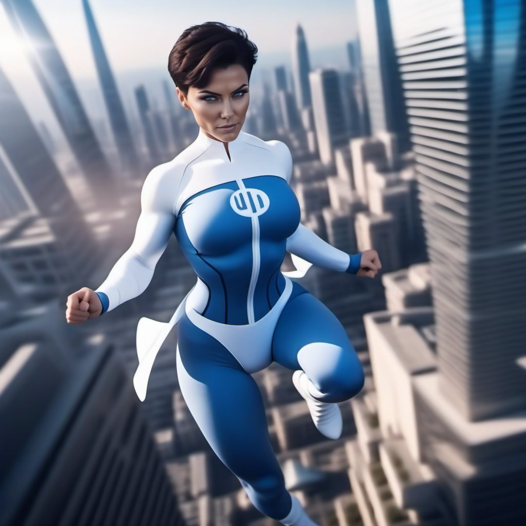 a (((full body))) muscular woman, short dark hair, huge breast, wears a futuristic white and blue bodysuit , flying over a city in the background <lora:Anissa1024:0.8>