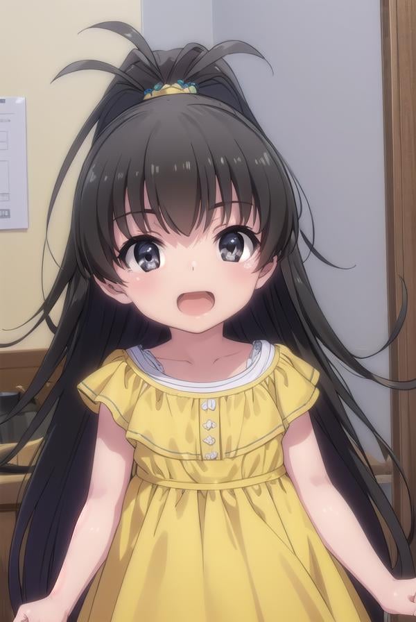 hinatakanashi, <lora:hina takanashi s1-lora-nochekaiser:1>,hina takanashi, long hair, black hair, (black eyes:1.3), ponytail, antenna hair, child, smile, open mouth,BREAK dress, yellow dress, short sleeves,BREAK indoors,BREAK looking at viewer, (cowboy shot:1.5),BREAK <lyco:GoodHands-beta2:1>, (masterpiece:1.2), best quality, high resolution, unity 8k wallpaper, (illustration:0.8), (beautiful detailed eyes:1.6), extremely detailed face, perfect lighting, extremely detailed CG, (perfect hands, perfect anatomy), 