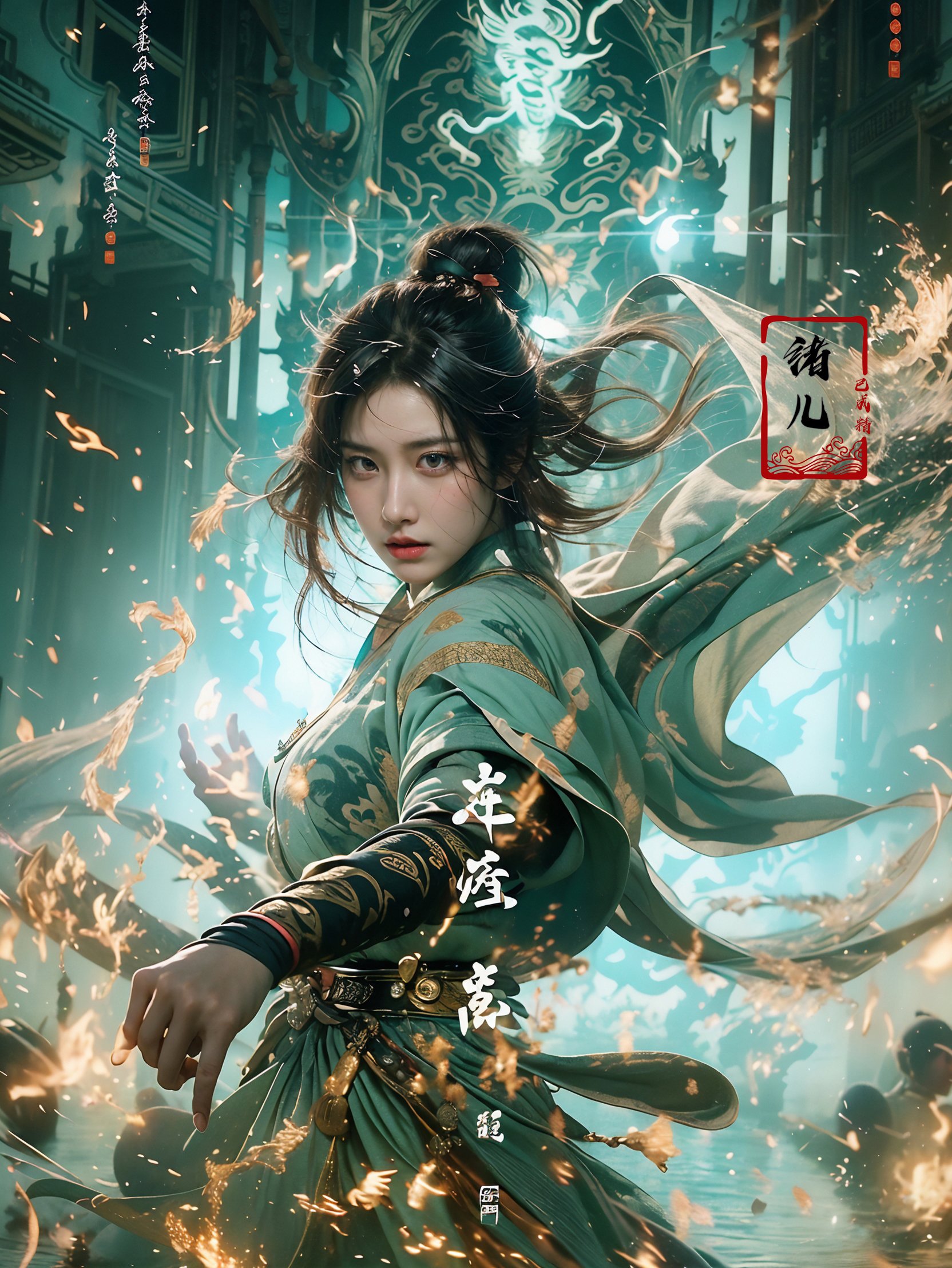 martial, 1girl, solo, simple background, outstretched arm，Jumping，ustration style, Chinese martial arts war scenes, chinese ink style, martial arts style,(medium breasts:1.3), long sleeves, chinese clothes, (glowing:1.4), splashing, fighting stance,,Chinese calligraphy, ink painting, characters, calligraphy characters, text background，(full body:1.2), (Real water，Realistic water，flowing water:1.1)，ripples，<lora:绪儿-武术 martial:0.8>