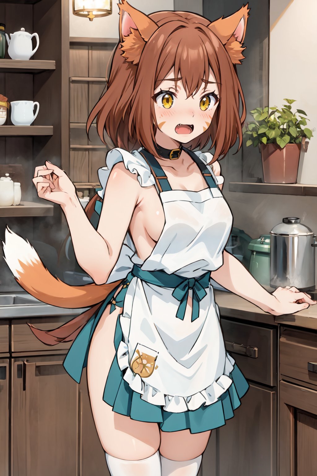 masterpiece, best quality, <lora:miyacatt-nvwls-v1-000010:0.8> 1girl, solo, miya, cat ears, whisker markings, collar, naked, white apron, sideboob, kitchen, standing, tail, blush, open mouth, fangs